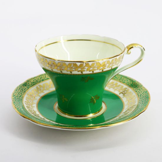 Picture of Aynsley English Bone China Green, Yellow & Gold Corset Shaped Tea Cup & Saucer