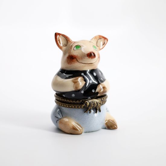 Picture of Retired Limoges Porcelain Pig in Black & White Polka Dot Shirt Trinket Box
