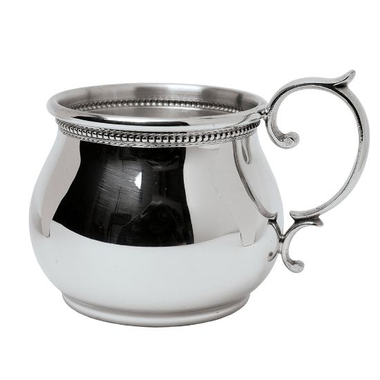 Picture of Pewter Beaded Scroll Handle Bulged Baby Cup by Salisbury Silversmiths 