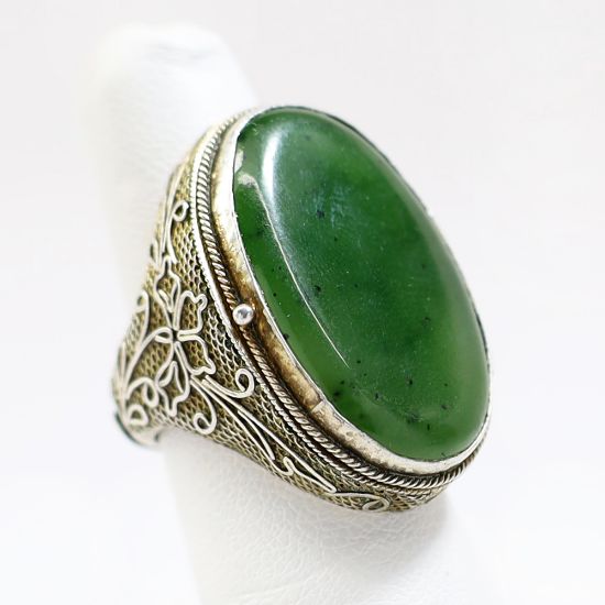 Picture of Vintage Chinese Export Silver Filigree & Jade Adjustable Poison Ring